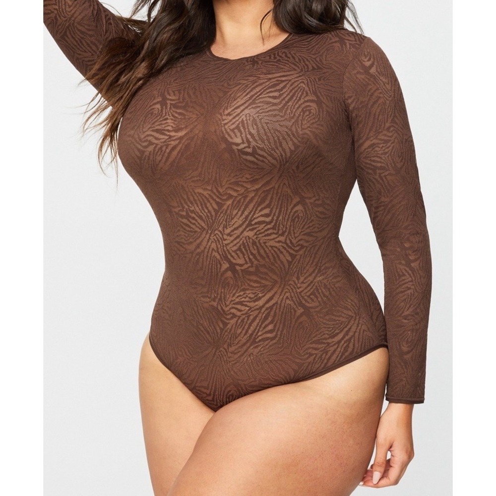 NWOT Women's Fabletics Yitty Hot Mesh Long Sleeve Bodysuit Bossed Up Brown - 4X